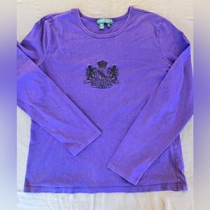 Lauren Active Ralph Lauren Performance Tshirt Women L Purple Gold Crest Logo LS